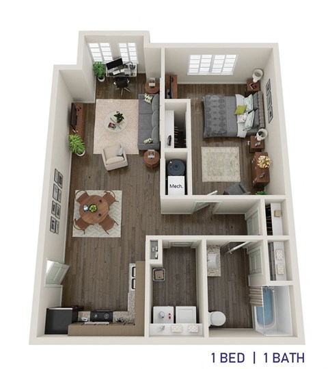 Floor plan for 1 bed, 1 bath, 955 sqft
